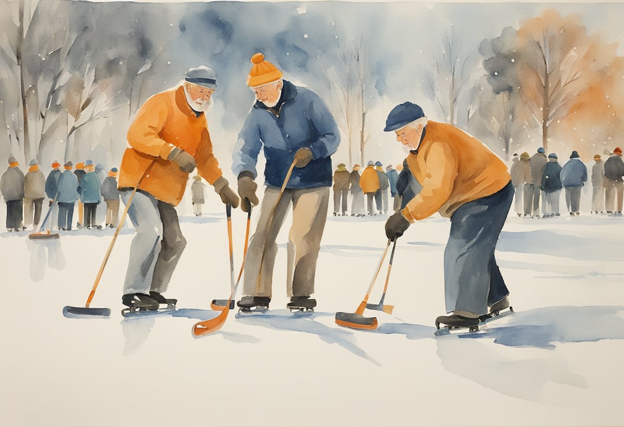 Elderly curling on snowy rink, surrounded by active seniors enjoying winter sports