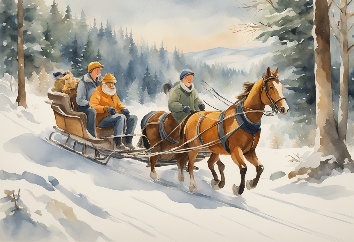 Elderly riders enjoy a horse-drawn sleigh ride through snowy woods, surrounded by winter sports and snow activities