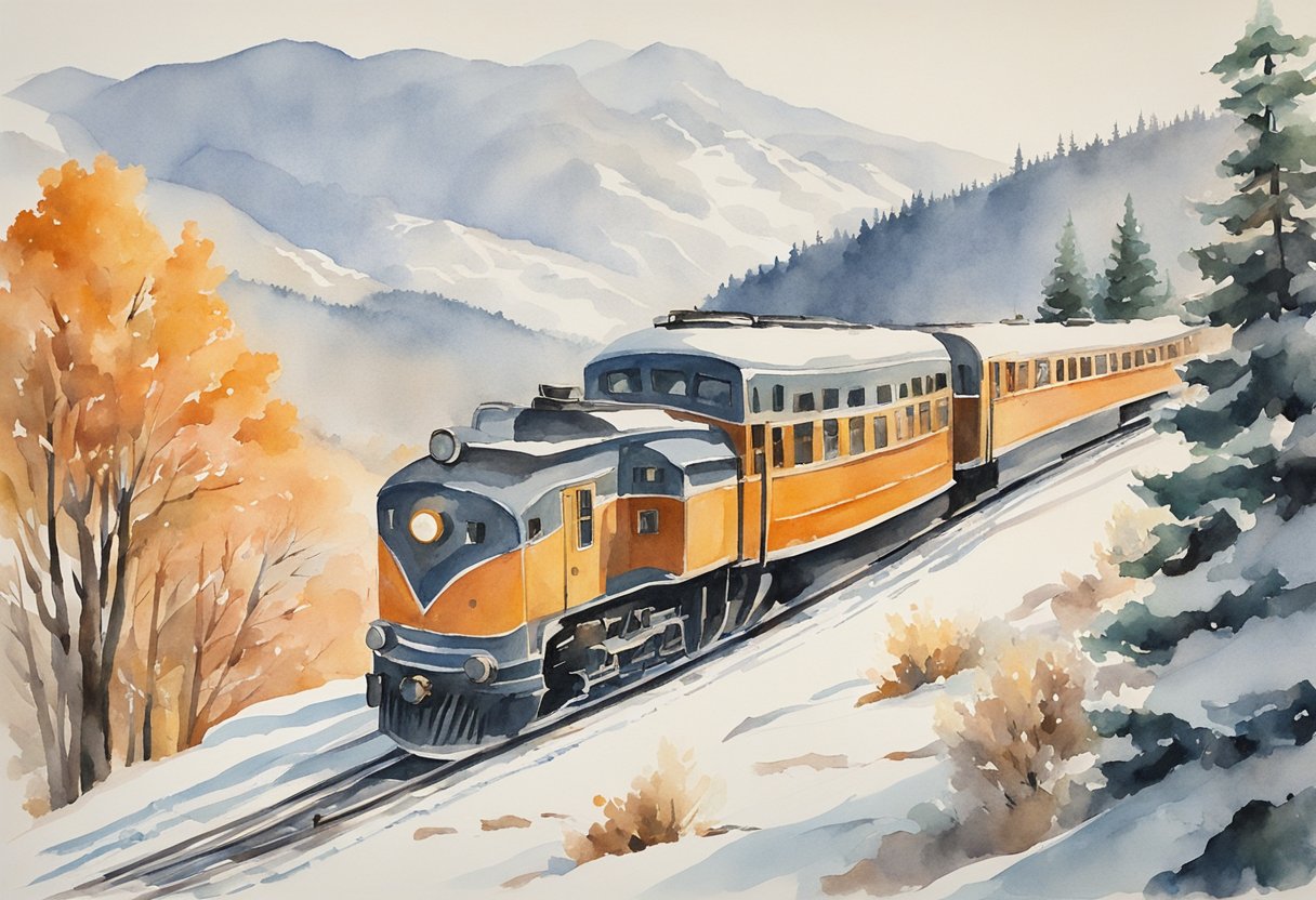A snow-covered train winding through mountains, with elderly passengers enjoying winter sports and snow activities along the route