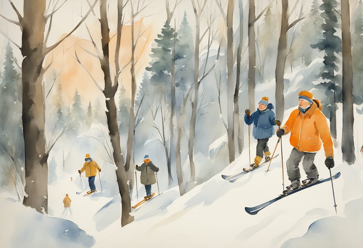 Elderly bird watchers enjoy snow sports, skiing, and snowshoeing in the winter forest