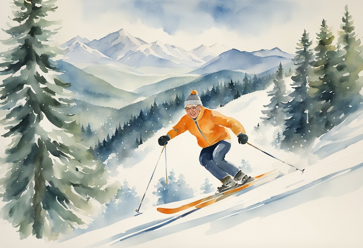 Elderly skier gliding down snowy slope, surrounded by snow-covered trees and mountains, smiling and enjoying the health benefits of winter sports
