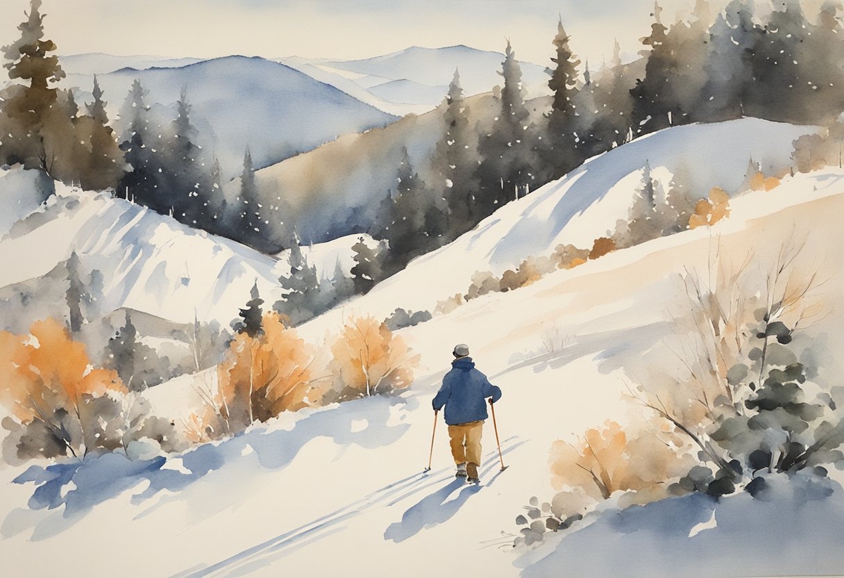 Elderly person choosing between skiing and snowshoeing in snowy landscape