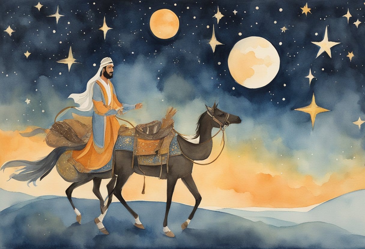 A mesmerizing storyteller captivates an enraptured audience with tales of adventure and magic under the starry Arabian night sky
