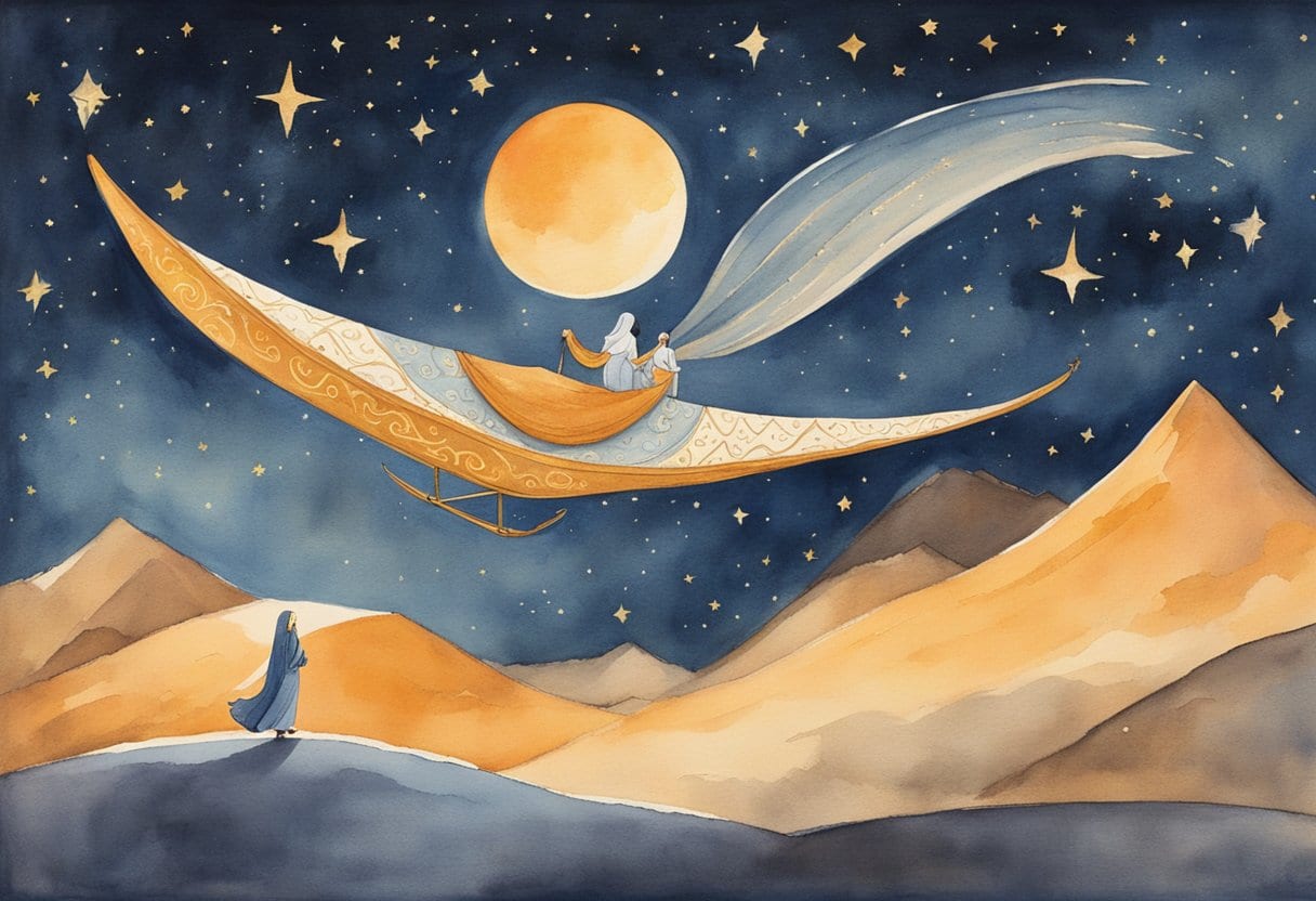 A flying carpet glides through a starry desert night, carrying a storyteller and her enchanted book of tales from Arabian Nights