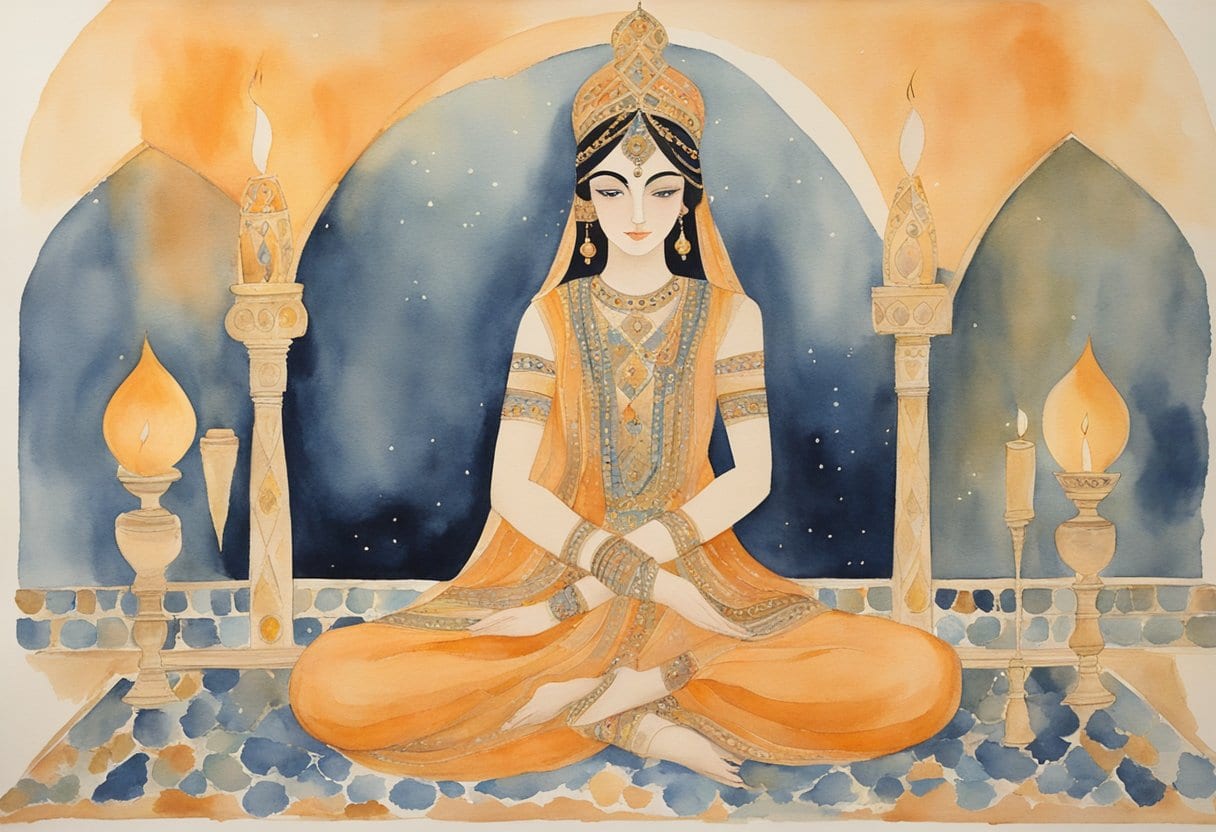 Scheherazade sits cross-legged, surrounded by flickering candles, weaving tales of magic and intrigue into the night air