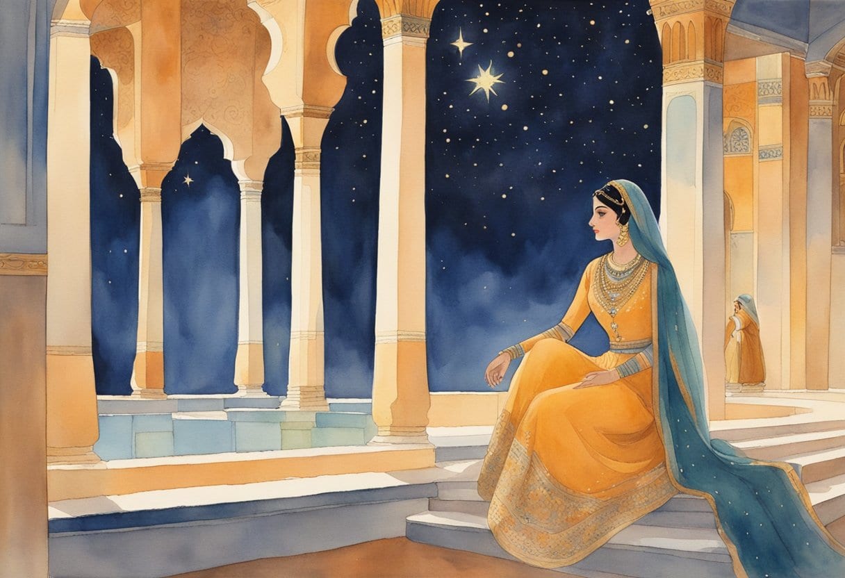 Scheherazade captivates with tales in a grand Arabian palace. The night sky twinkles, setting the scene for her mesmerizing storytelling