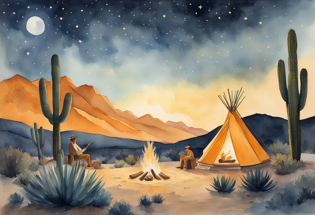 A starry night sky over a desert oasis, with a campfire surrounded by mesmerized listeners