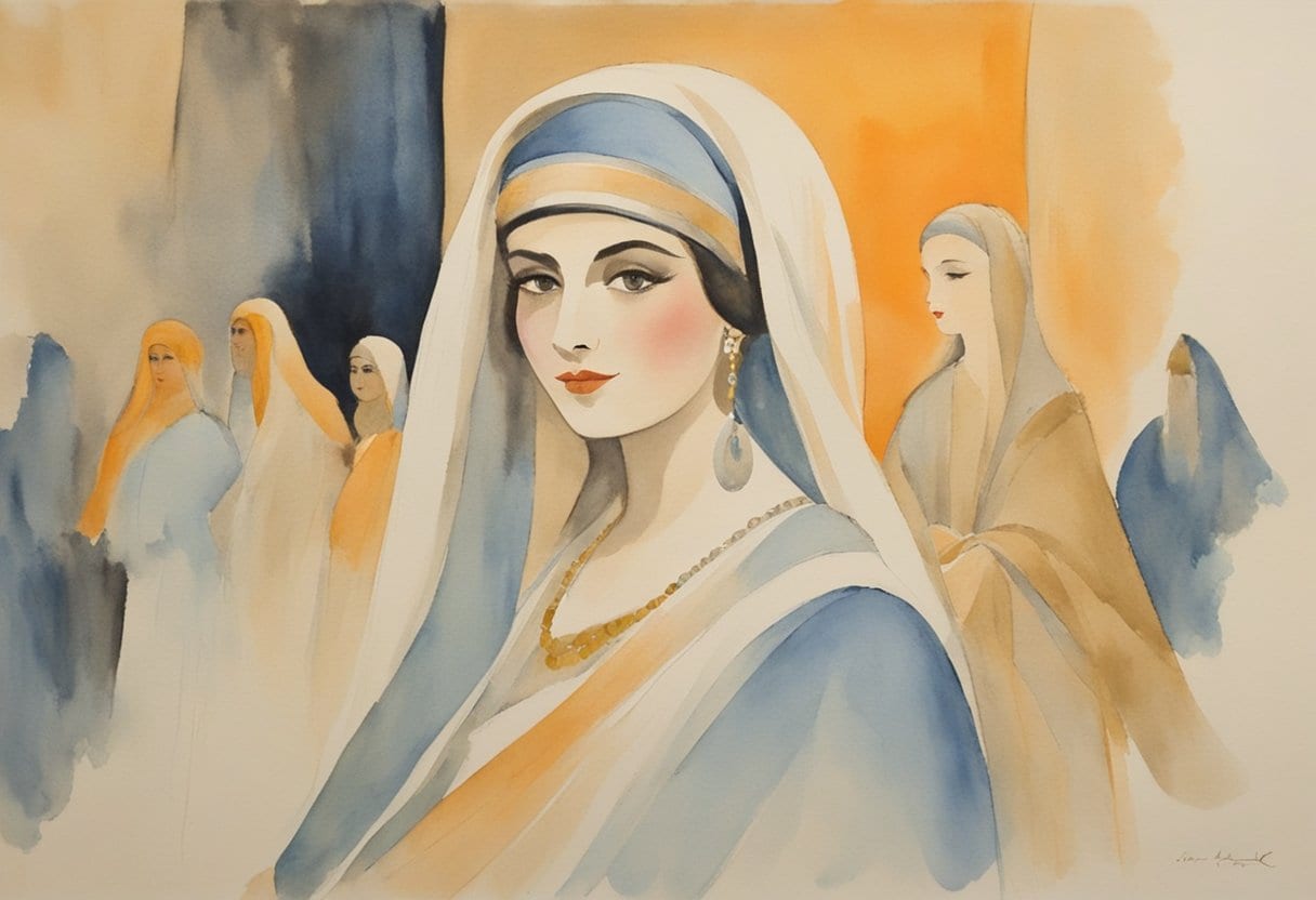 Scheherazade captivating an audience with her mesmerizing storytelling