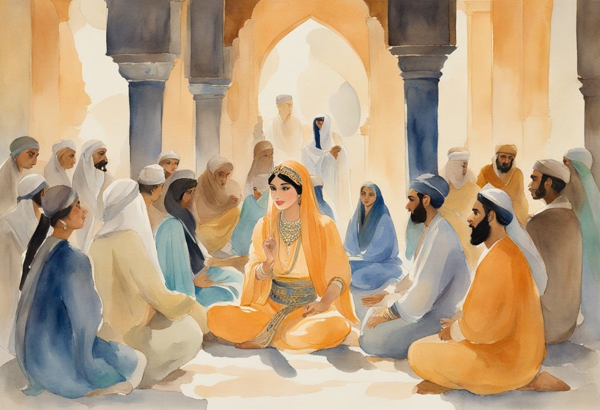 Scheherazade sits cross-legged, surrounded by eager listeners. Her animated gestures and expressive face captivate the audience as she weaves tales of Arabian Nights