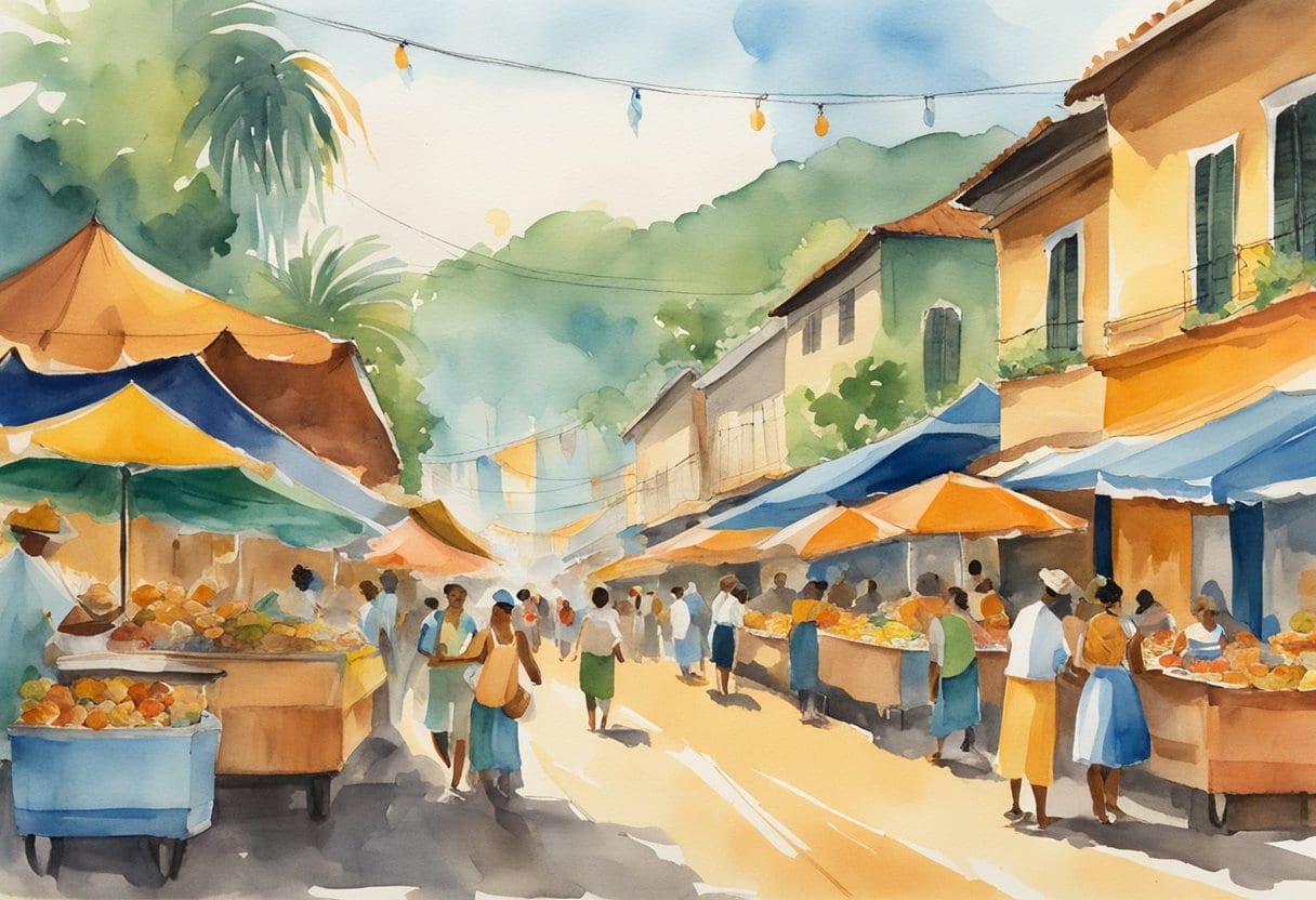 Colorful Brazilian food stalls line the streets of Rio Carnival, surrounded by the vibrant energy of the samba festival, capturing the essence of Brazilian culture