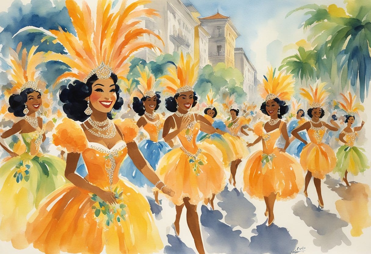 Vibrant floats, colorful costumes, and lively samba music fill the streets during the Carnival Queen contest at Rio Carnival, showcasing the exuberant spirit of Brazilian culture