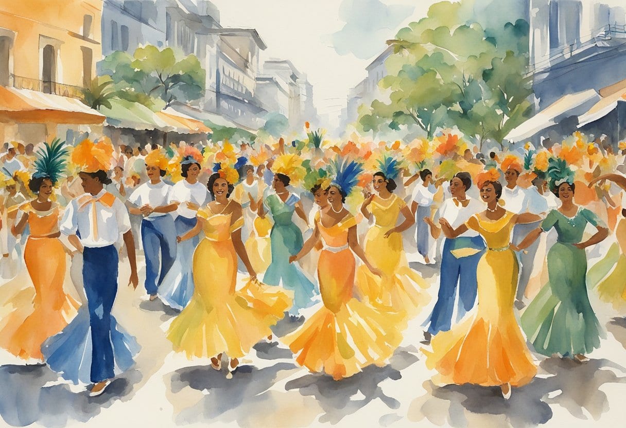 A colorful parade of floats, dancers, and musicians fills the streets of Rio de Janeiro, celebrating the vibrant culture and tradition of the annual samba festival