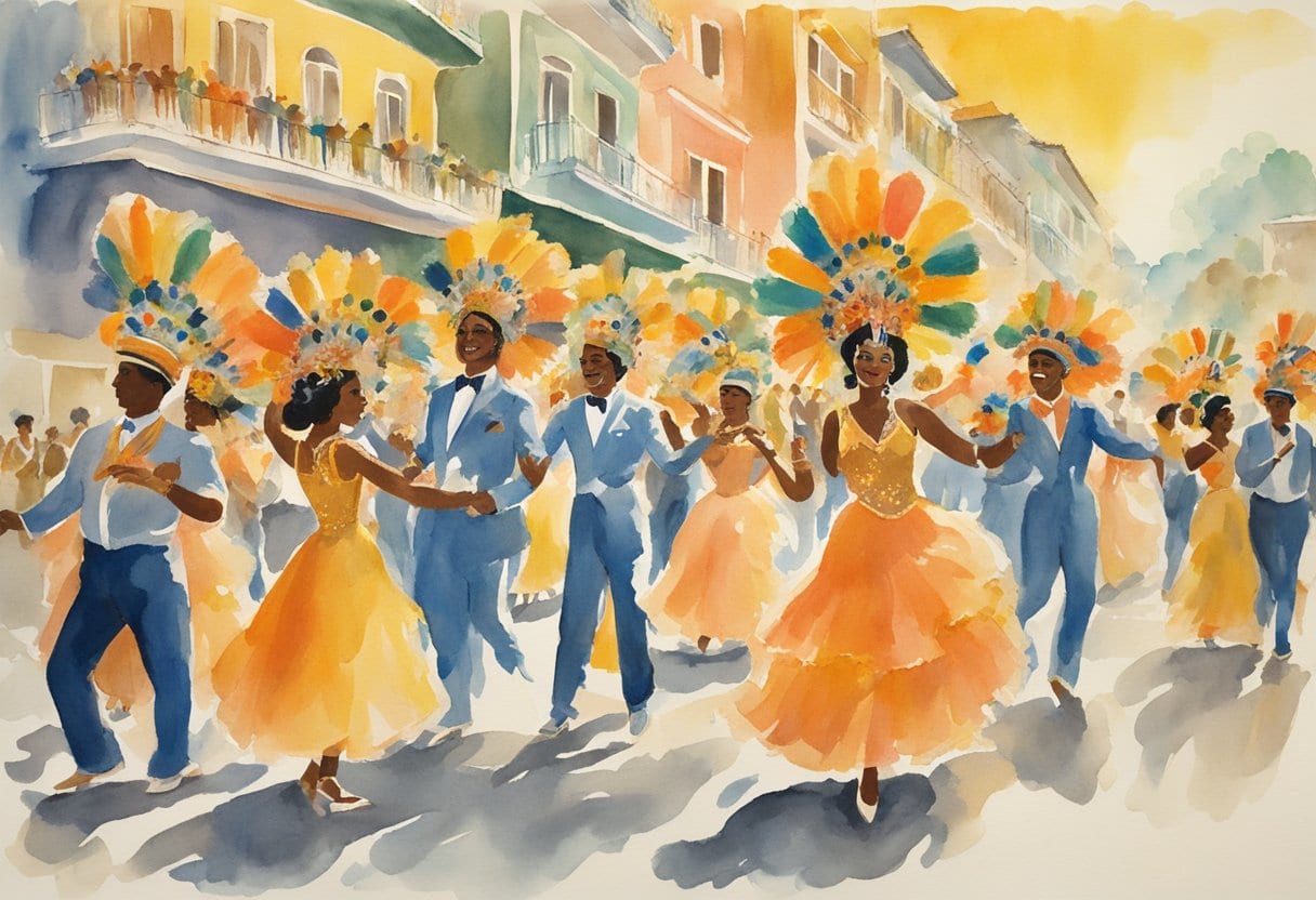 Vibrant Rio Carnival with colorful floats, samba dancers, and lively music, showcasing the rich cultural impact on Brazilian society
