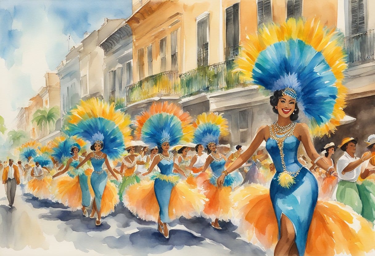 Colorful floats parade through the streets, accompanied by lively samba music. Vibrant costumes, feathers, and glitter adorn the performers, showcasing the energy and spirit of Brazilian culture