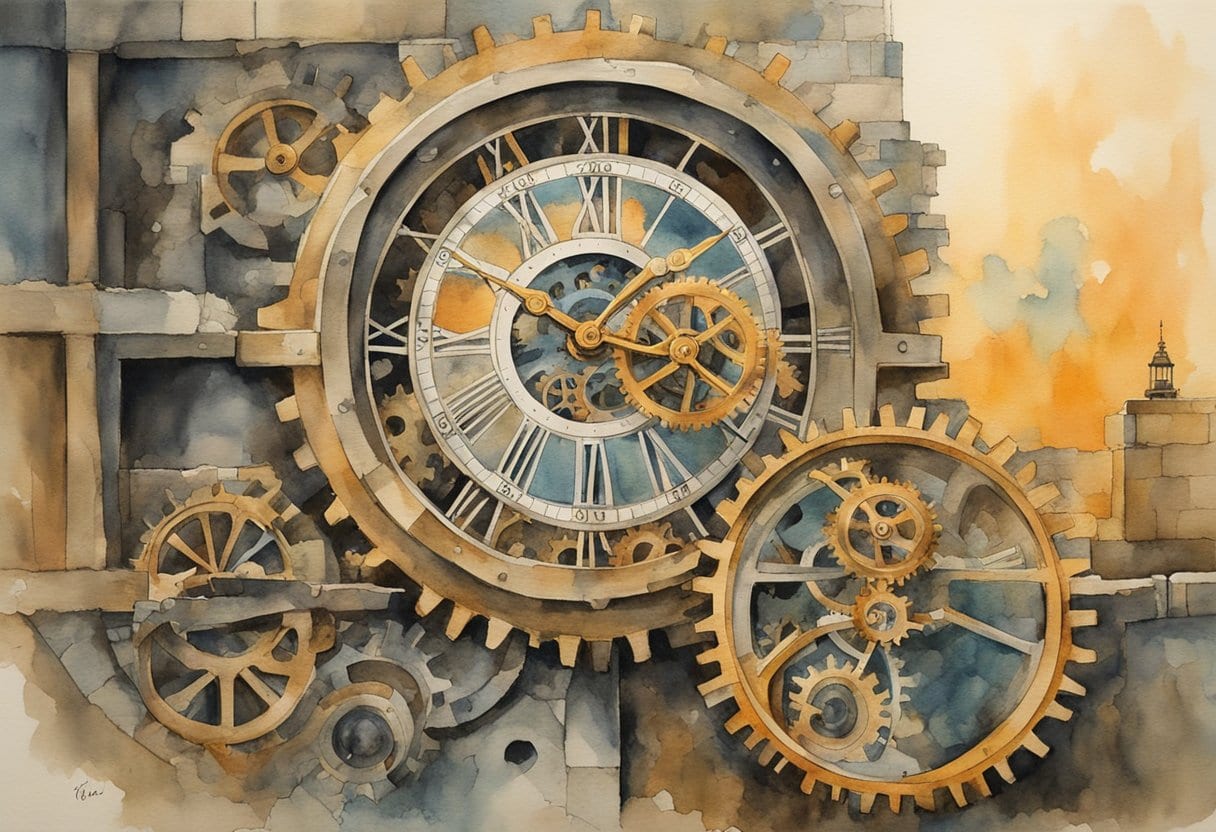 A large, intricate mechanical clock with visible gears and cogs, set against a stone wall with a gate. The hands move steadily, marking the passage of time