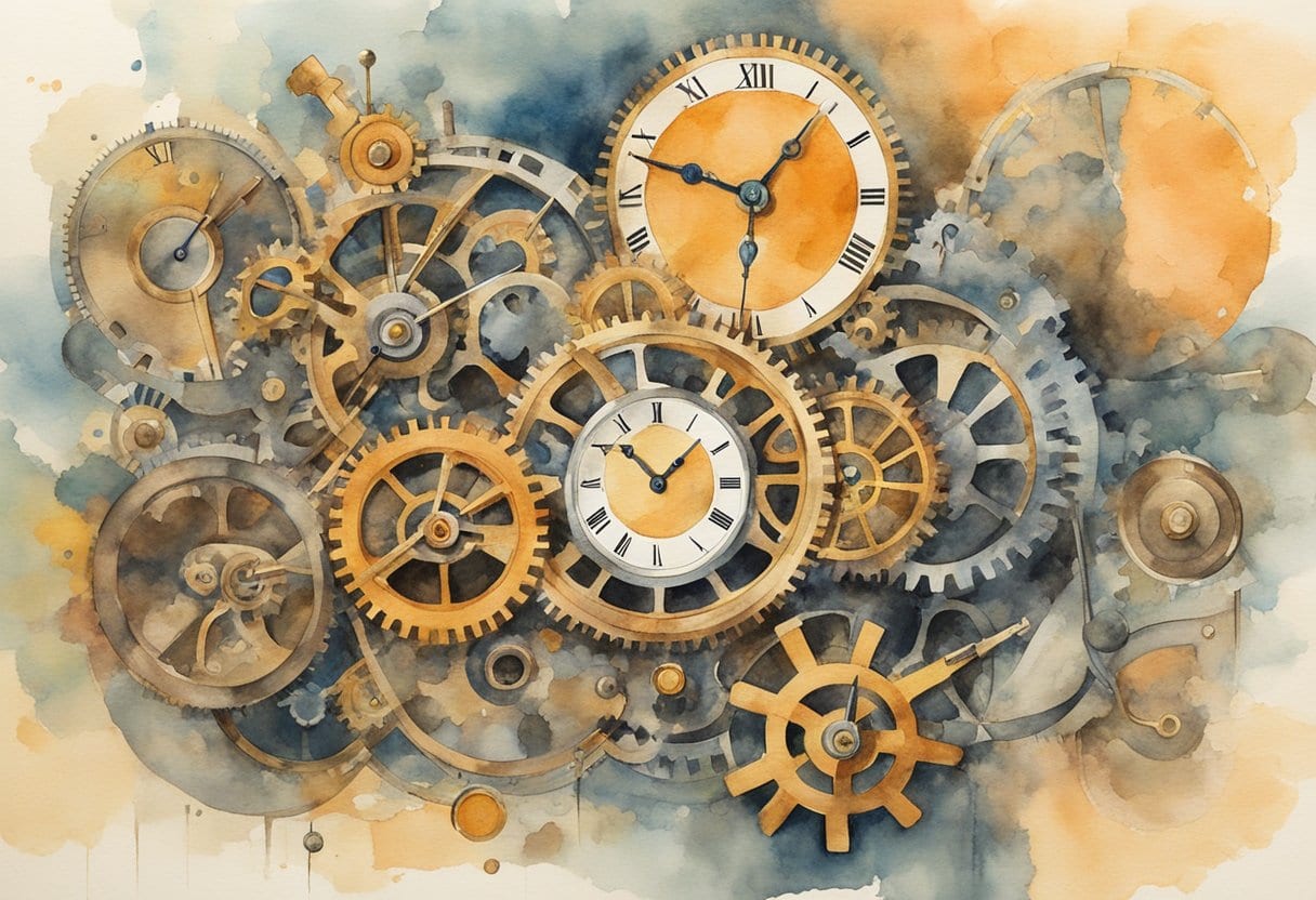 A mechanical clock with gears and pendulum, surrounded by timekeeping tools and instruments, symbolizing the innovation and precision of horology