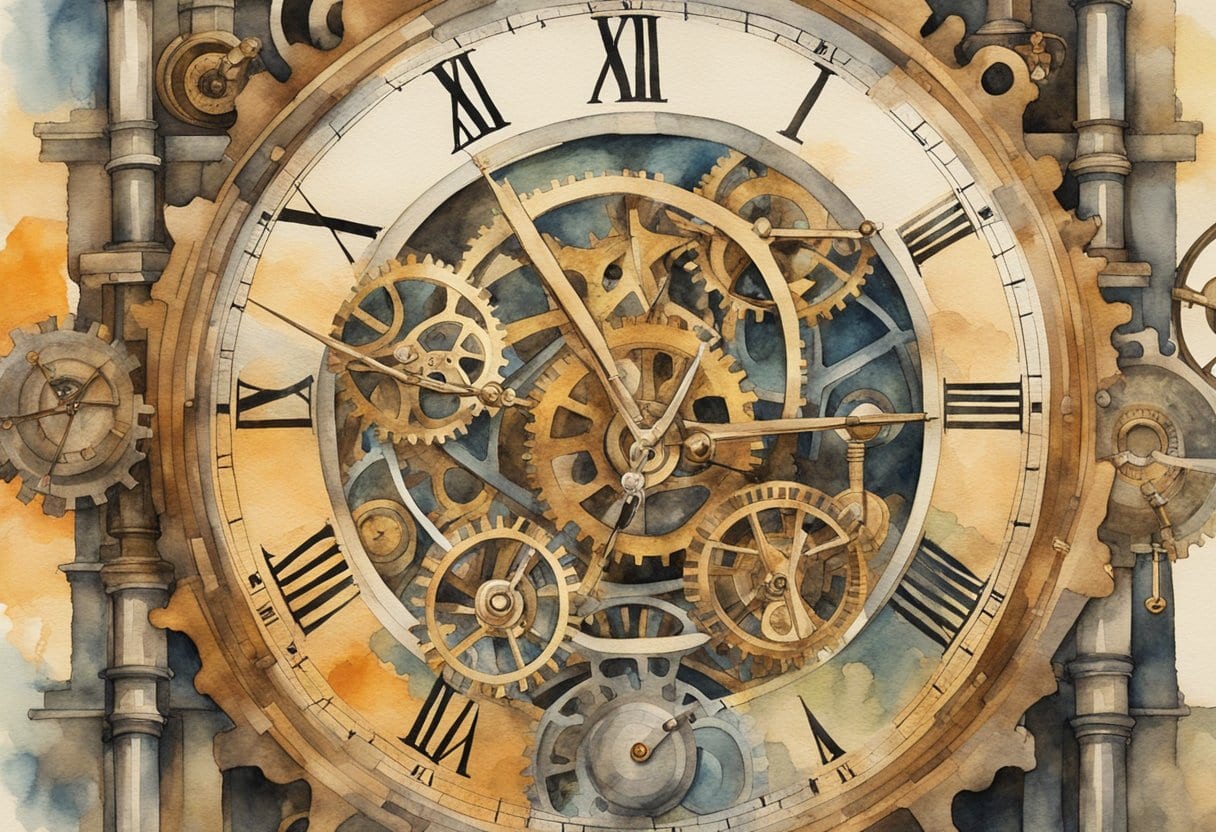 A mechanical clock with intricate gears and pendulum, surrounded by scientific instruments and ancient timekeeping devices