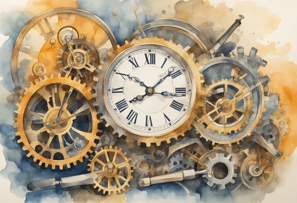 A mechanical clock with gears and pendulum, surrounded by tools and blueprints, symbolizing the invention and evolution of timekeeping in horology