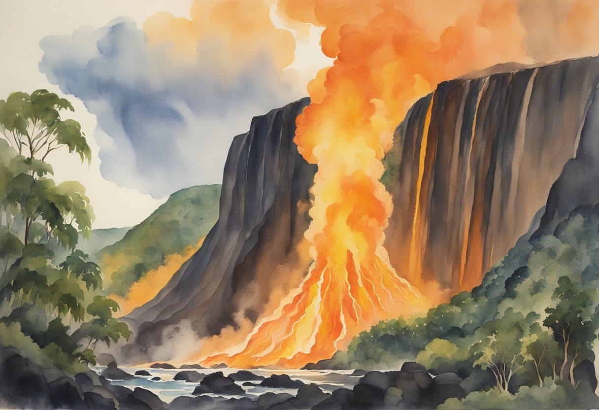 Kilauea erupts, spewing molten lava as Pele, the fiery guardian of Hawaiian mythology, stands tall and powerful, her presence commanding the landscape