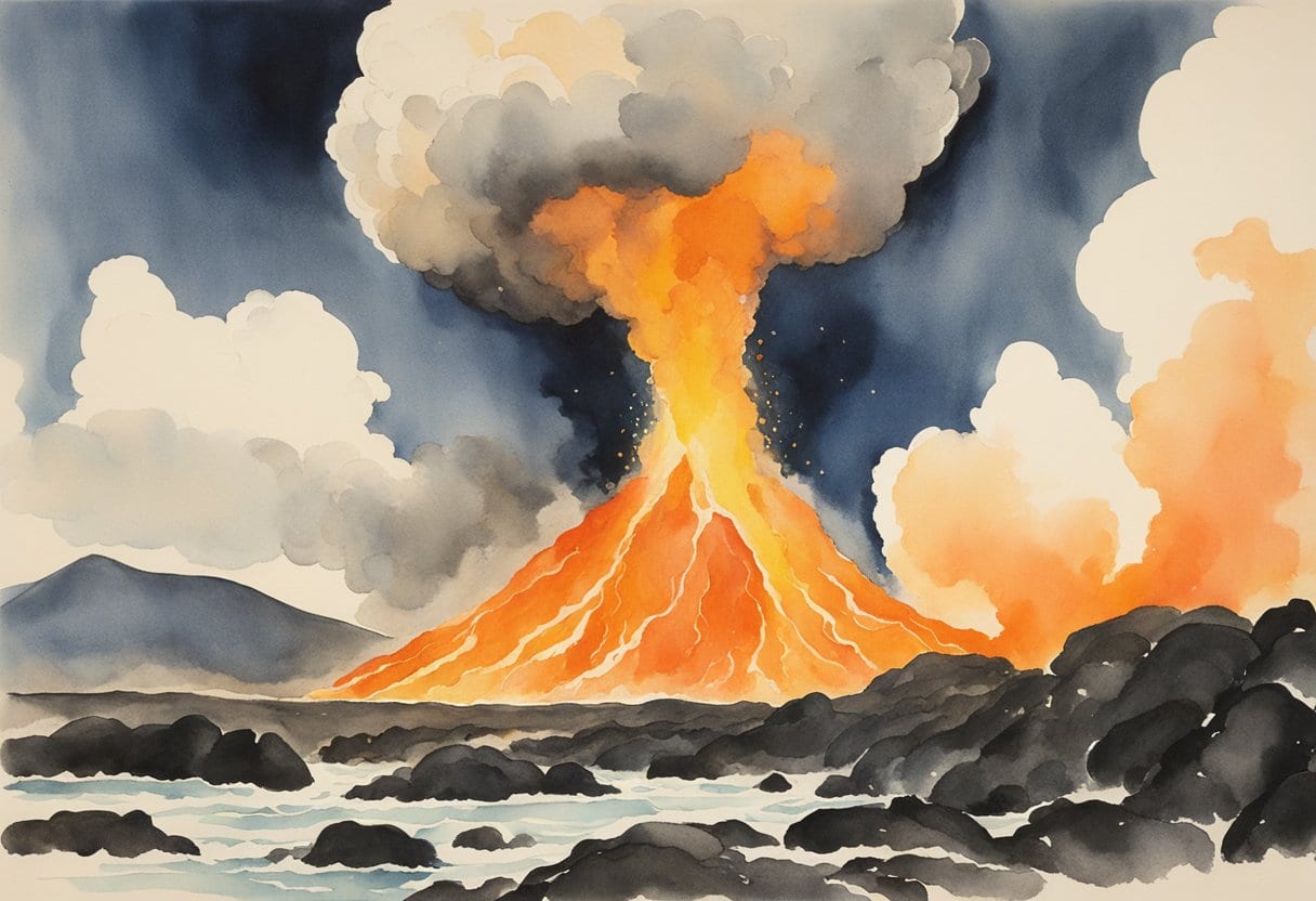 Pele, fiery goddess of Mauna Loa, stands tall amidst erupting lava, her fierce gaze commanding the volcanic landscape