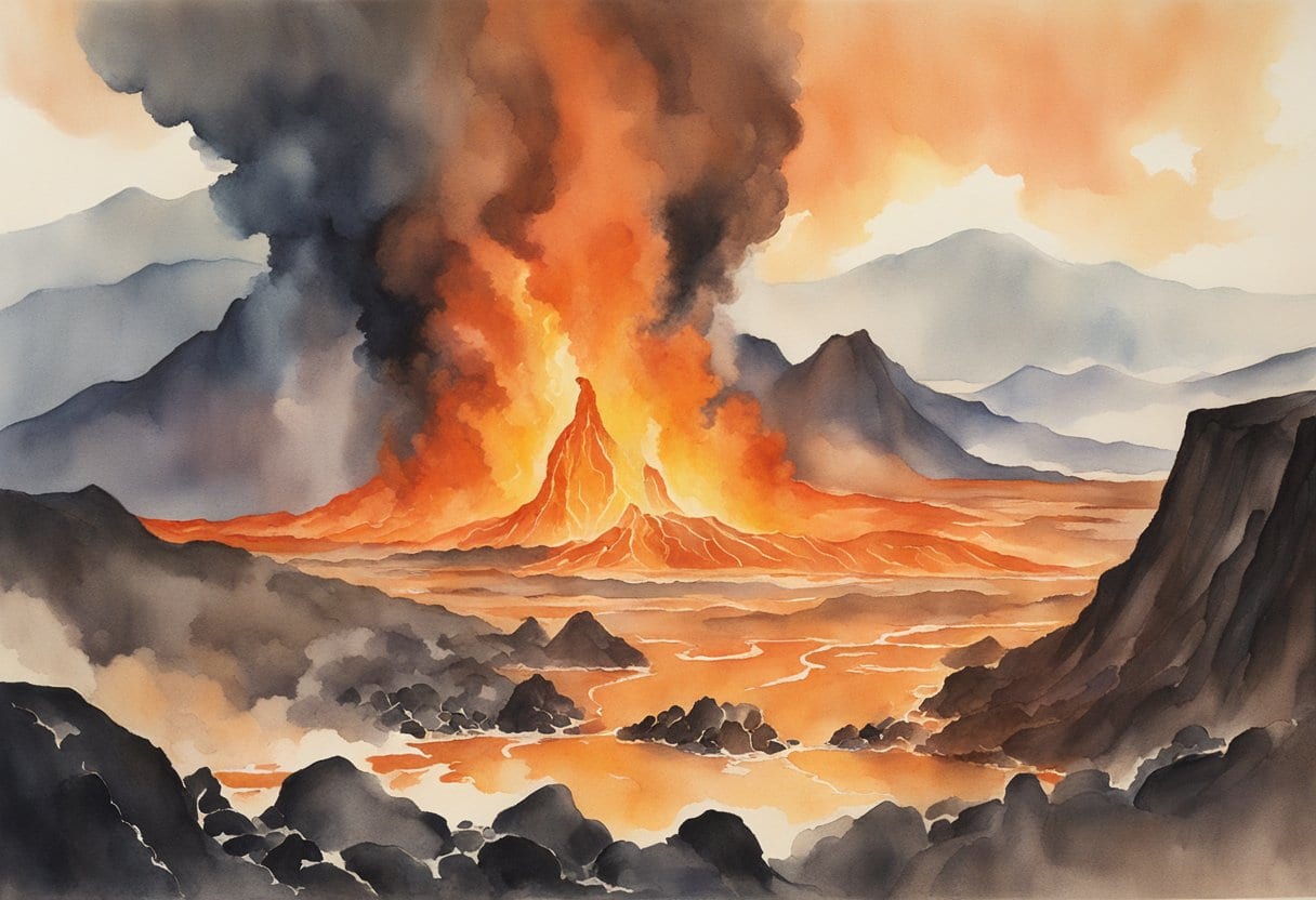 Fiery red lava flows from the mouth of the volcanic crater, as the powerful goddesses Hi'iaka and Pele stand tall, surrounded by billowing smoke and molten rock