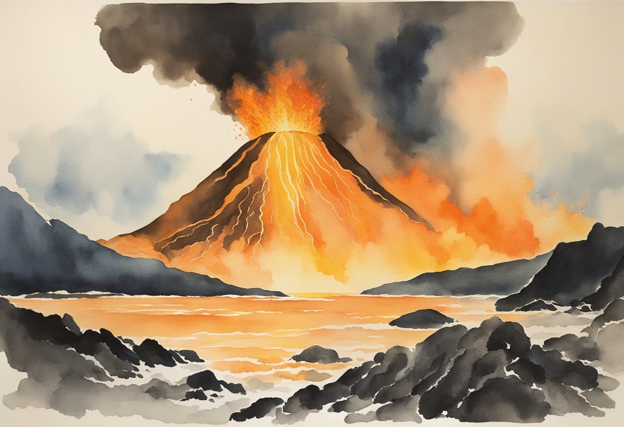Pele, the volcano goddess, erupts in 1790 Hawaii, spewing molten lava and ash, creating a fiery and chaotic scene