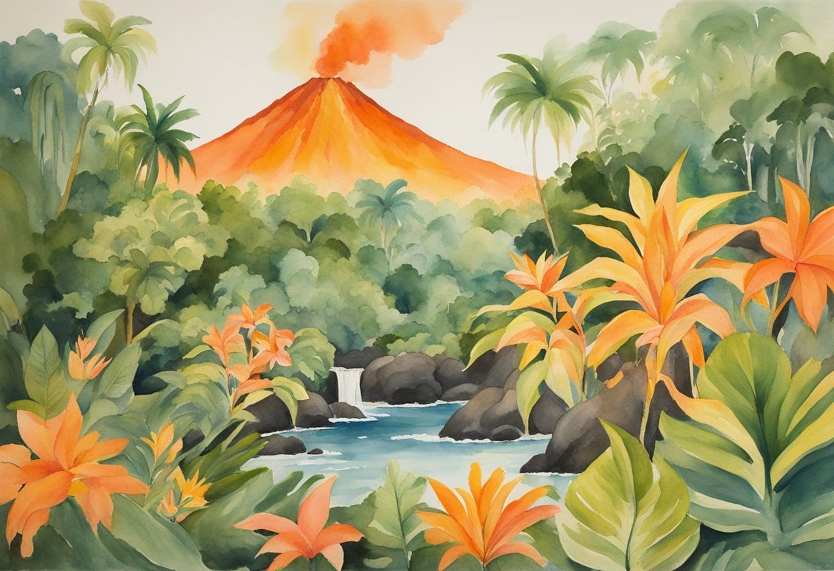 Pele's Sacred Lands: Fiery volcano goddess, molten lava flows, lush tropical foliage, sacred offerings, powerful presence