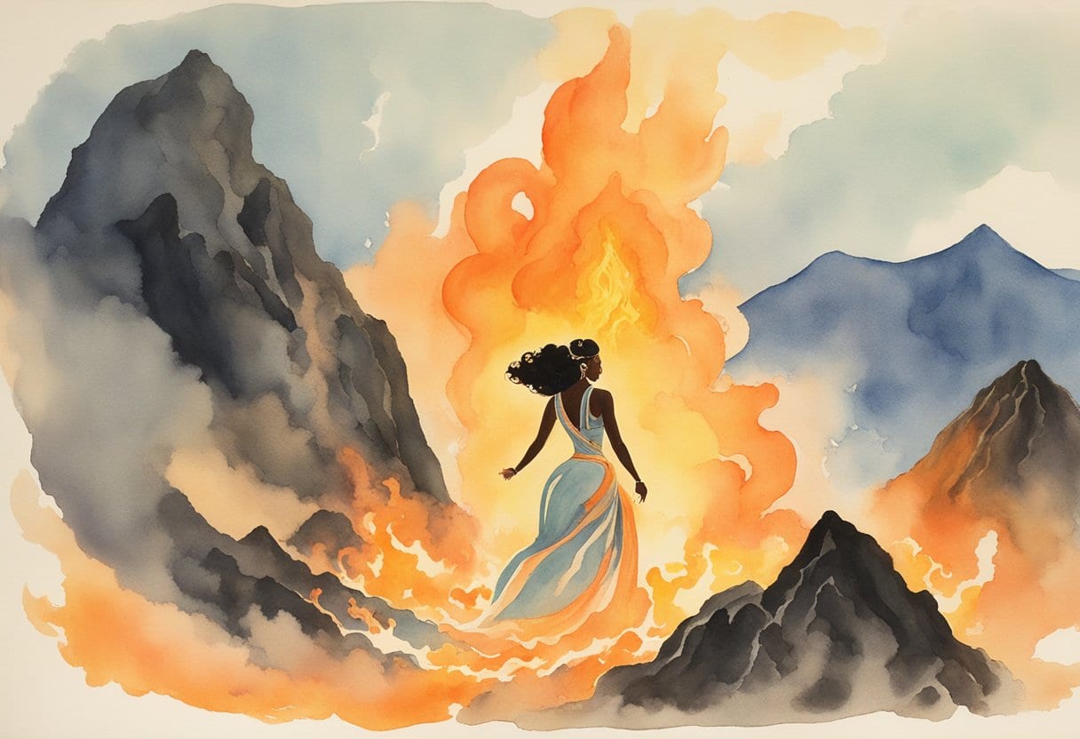 Pele, the fiery volcano goddess, stands on molten rock, surrounded by billowing smoke and glowing lava, as she performs ancient Hawaiian rituals