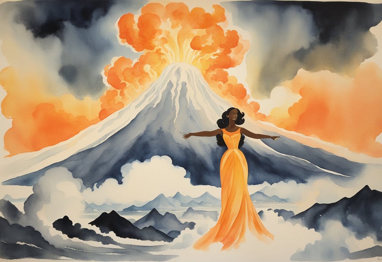 Pele, the volcano goddess, surrounded by swirling lava and billowing smoke, stands tall and powerful, exuding an aura of fiery energy
