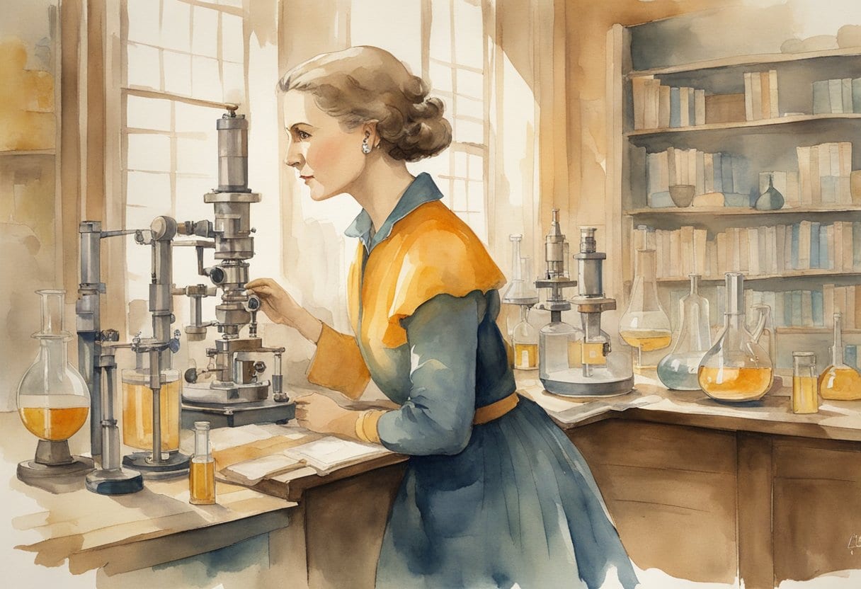 Marie Curie diligently conducts experiments, surrounded by books and scientific equipment. Her unwavering focus and determination are evident as she works towards groundbreaking discoveries