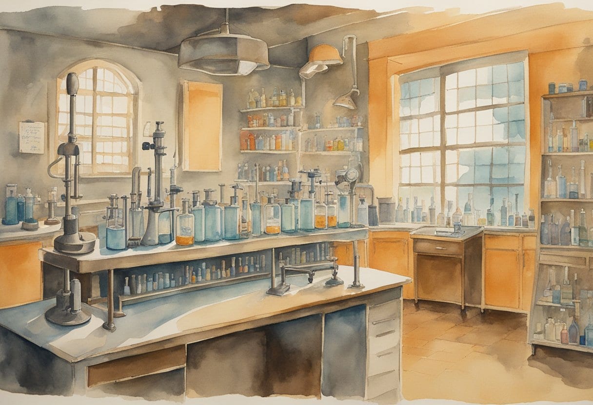 A dimly lit laboratory with test tubes and beakers, a microscope, and a framed quote on the wall. The quote reads: "I was taught that the way of progress was neither swift nor easy." - Marie Curie