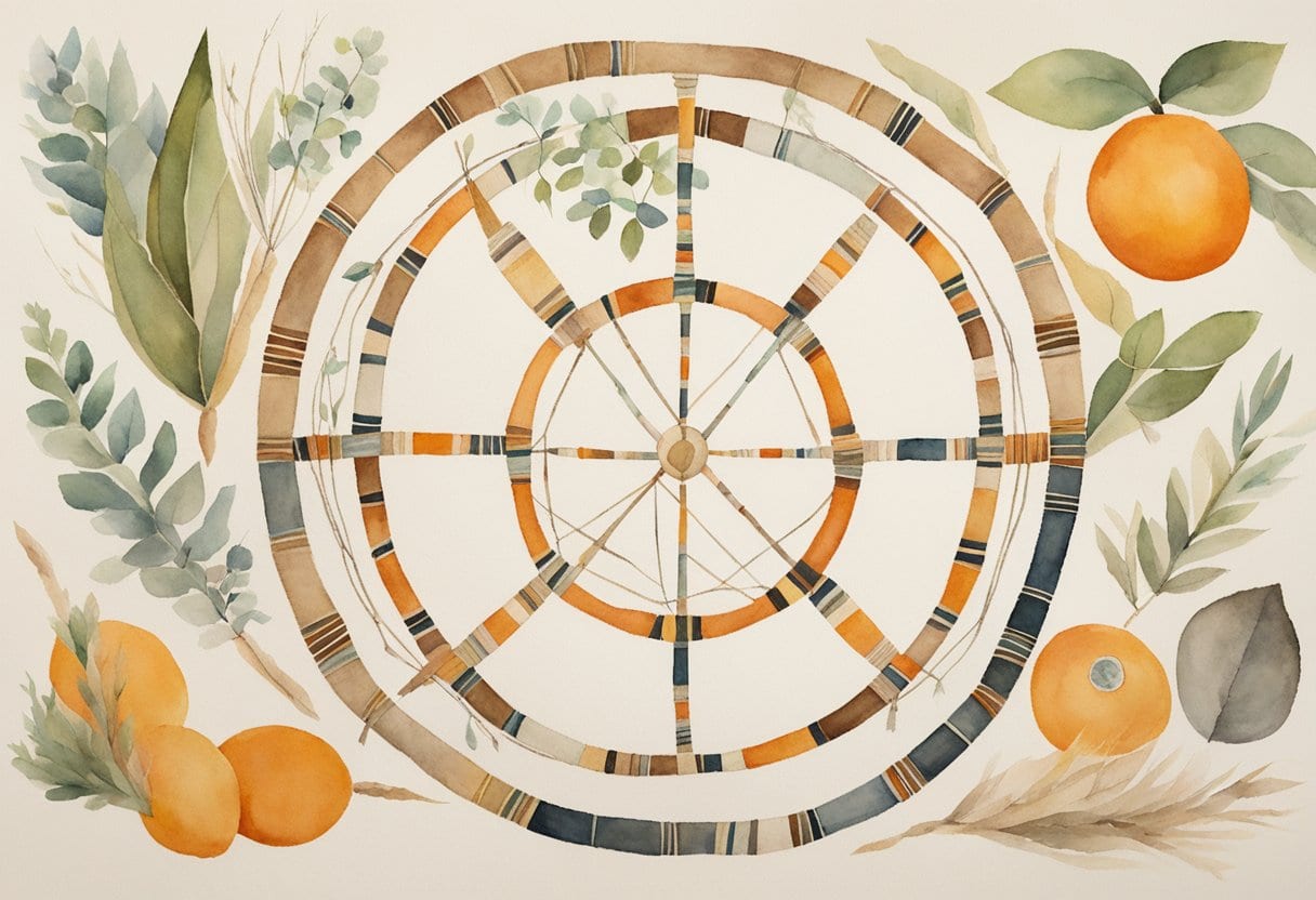 A medicine wheel sits on the ground, surrounded by natural elements. A cat's cradle string game is being played, representing indigenous healing practices