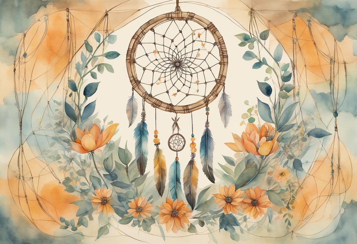 An intricate dreamcatcher hangs above a cat's cradle, while hands weave intricate string patterns. Indigenous symbols and healing herbs adorn the space
