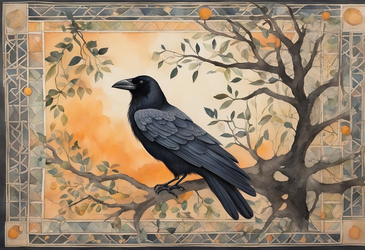 A raven perched on a tree branch, surrounded by intricate string designs and traditional indigenous healing herbs and tools