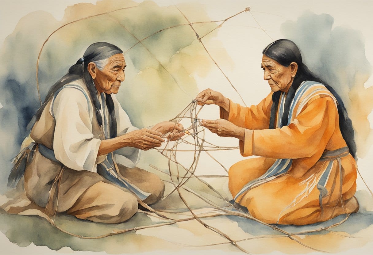 An Anishinaabe elder performs a healing ritual with cat's cradle string games, invoking ancient indigenous healing practices