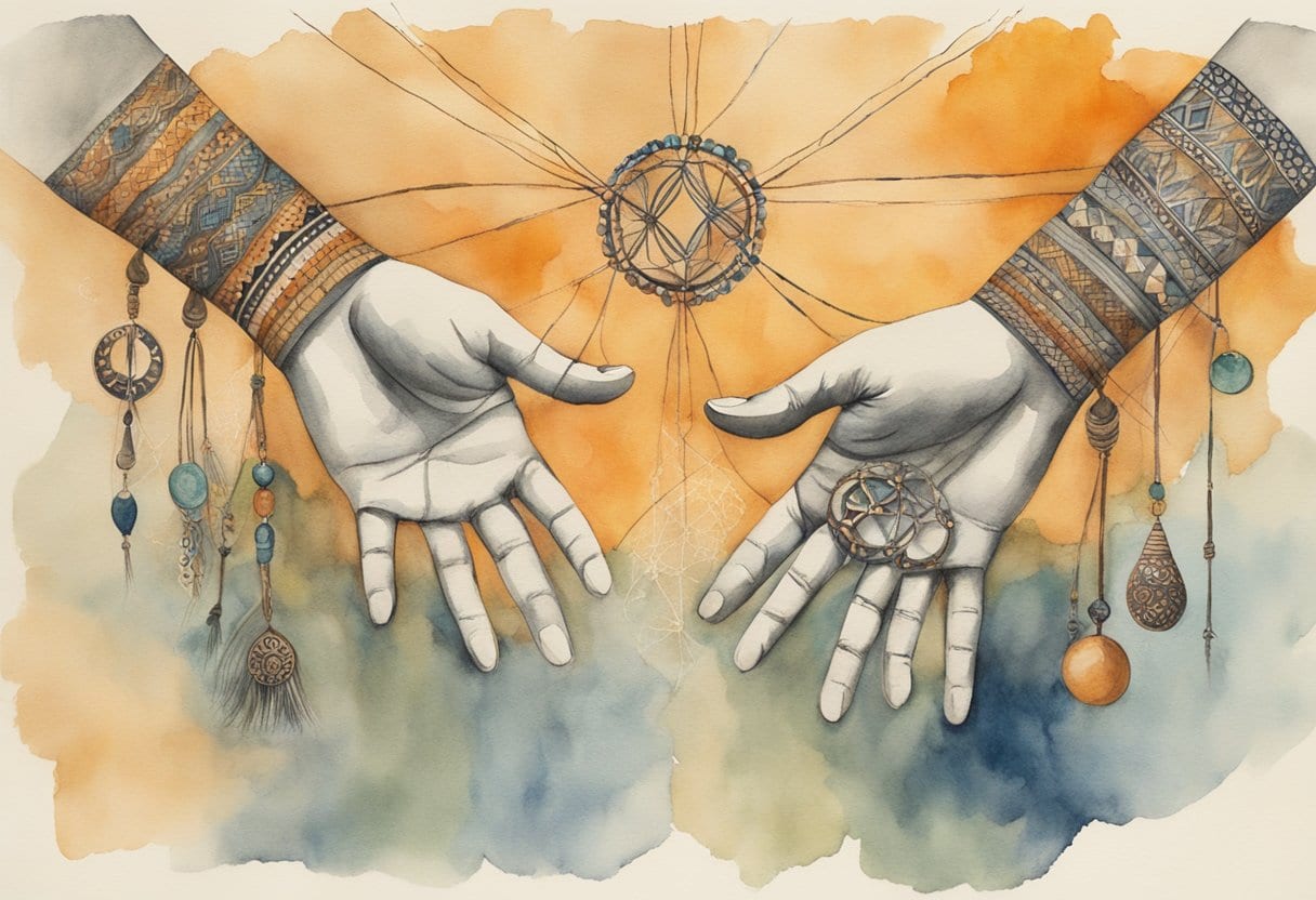 Two hands manipulating a taut string in intricate patterns, surrounded by symbols of indigenous healing and storytelling