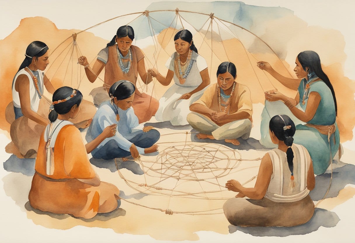 A group of indigenous people sit in a circle, playing Cat's Cradle string games. A healer performs traditional healing practices, surrounded by cultural artifacts