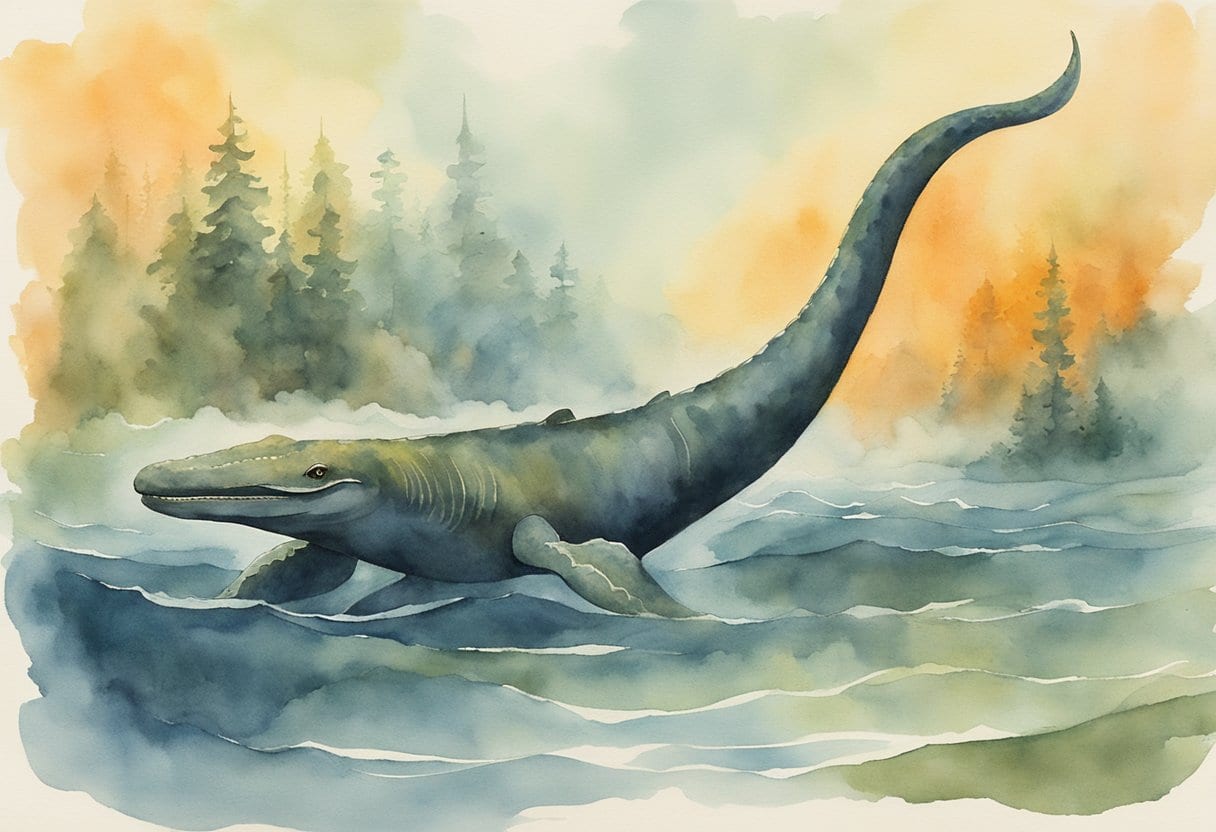 A plesiosaur-like creature emerges from the dark depths of Loch Ness, surrounded by mist and mystery