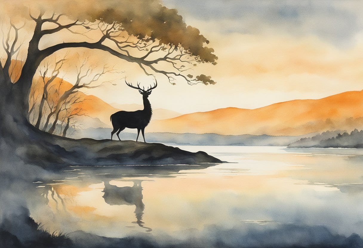 A misty Scottish lake at dusk, with a silhouette of a long-necked creature emerging from the water, surrounded by swirling myths and legends