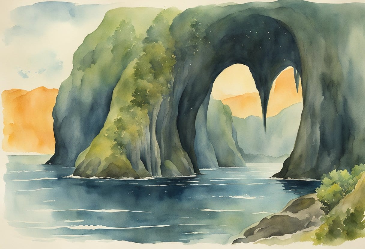 Mysterious underwater caves in Loch Ness, with the legendary Loch Ness Monster lurking in the depths, surrounded by the Scottish myths of lake monsters