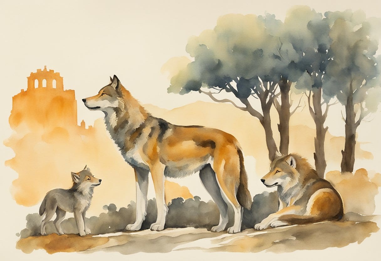 The she-wolf stands over Romulus and Remus, suckling the twin infants. The iconic image of the founding myth of Rome