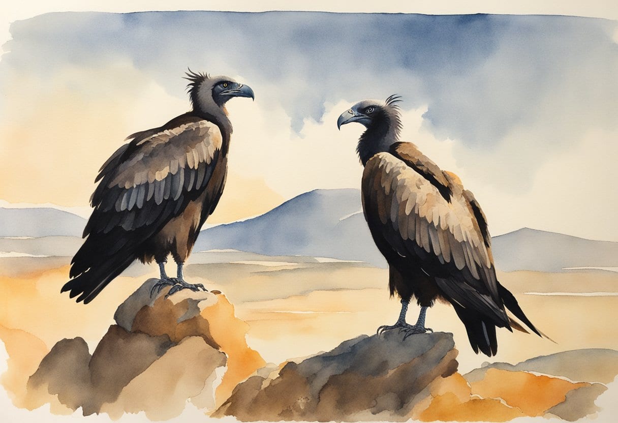 Two vultures circle above a rugged landscape, their sharp eyes fixed on a distant point. The sun casts long shadows as they hover, foretelling the destiny of two brothers
