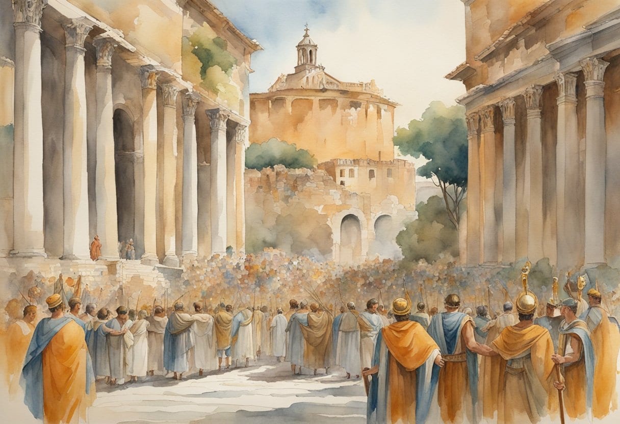 Romulus ascends to the throne, surrounded by the grandeur of ancient Rome. The city's iconic architecture and bustling streets form the backdrop to his coronation