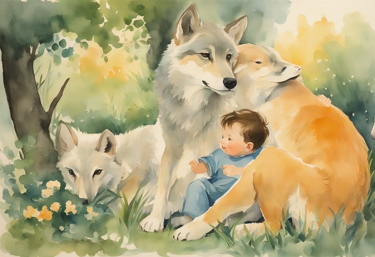 Two infant boys are suckled by a she-wolf in a lush, idyllic setting. A shepherd watches over them, standing in the background