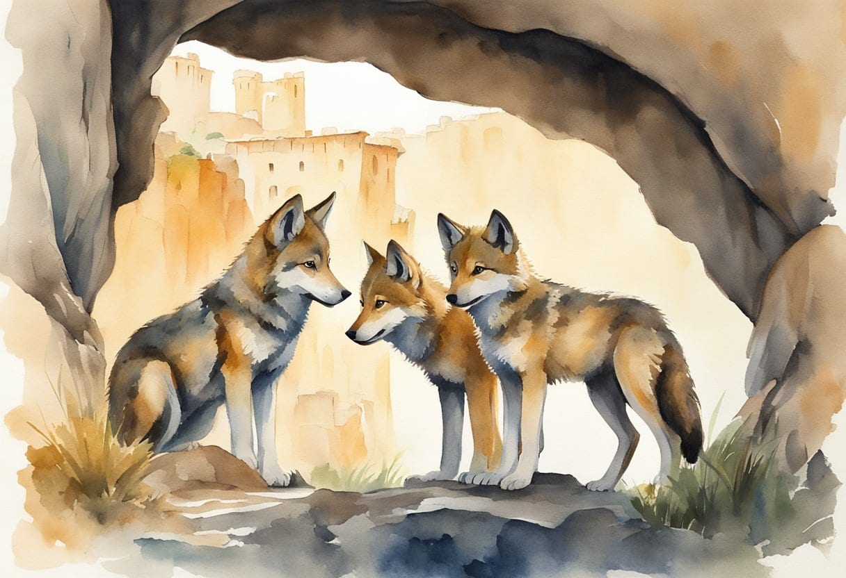 Two wolf cubs suckle from a she-wolf, standing in front of a cave. The city of Rome is visible in the background