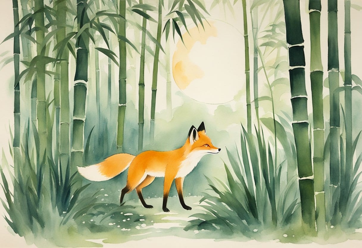 A mischievous Huli Jing fox spirit plays in a moonlit bamboo forest