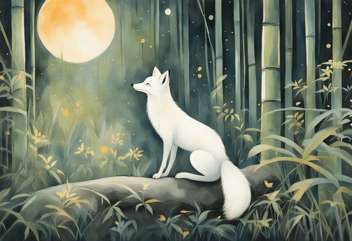 A white fox spirit, Huli Jing, dances under the moonlight in a serene bamboo forest, surrounded by glowing fireflies