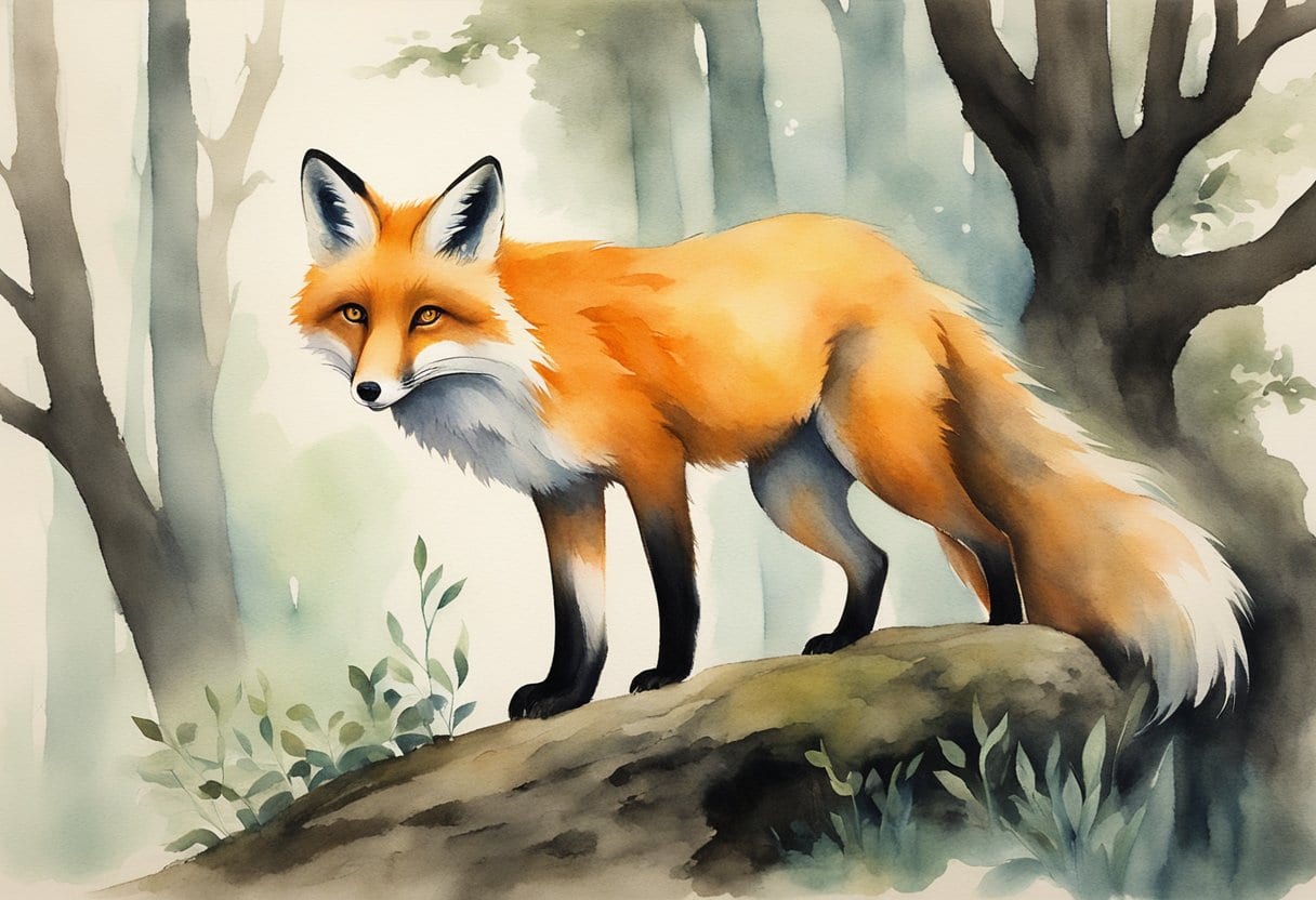 A bewitching Huli Jing fox spirit emerges from a misty forest, her eyes glowing with enchantment as she gracefully moves through the ancient trees