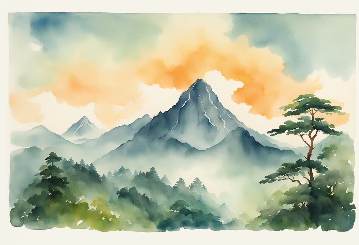 A majestic mountain peak rises, shrouded in mist and surrounded by lush greenery. At its summit, a fox spirit, known as a Huli Jing, stands proudly, her nine tails swaying gracefully in the breeze