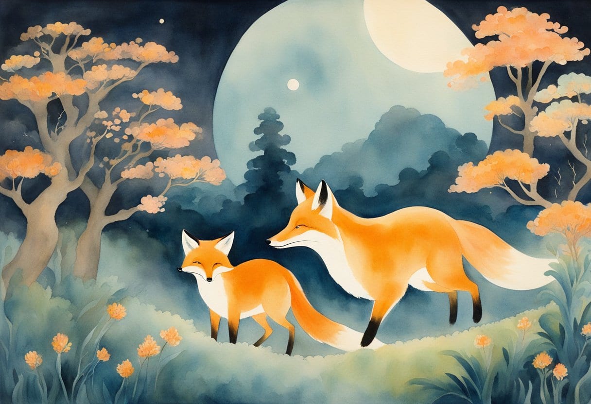 A moonlit clearing, fox spirits dance gracefully, their tails swirling in the night. Huli Jing from Chinese folk tales come alive in the ethereal glow